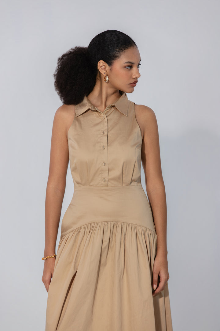 Sand Collared Drop-Waist Maxi Dress