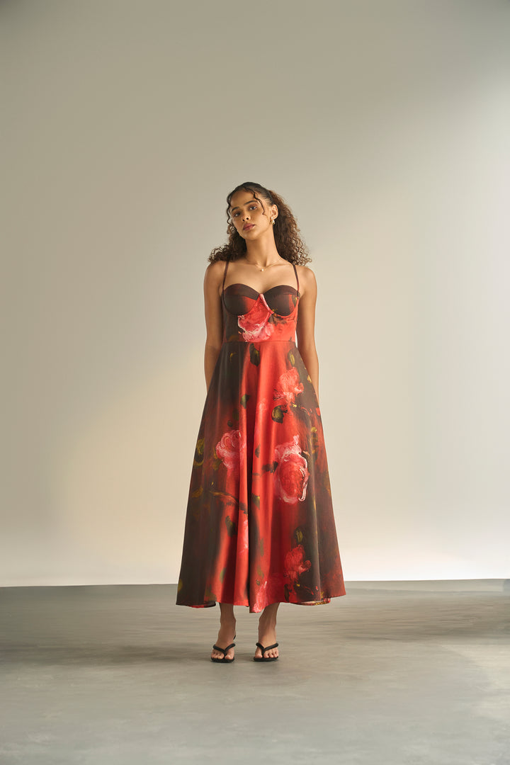 CRIMSON PETALS PADDED DRESS