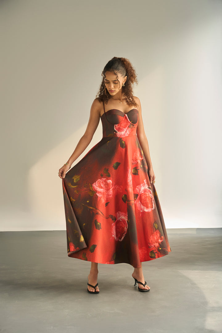 CRIMSON PETALS PADDED DRESS