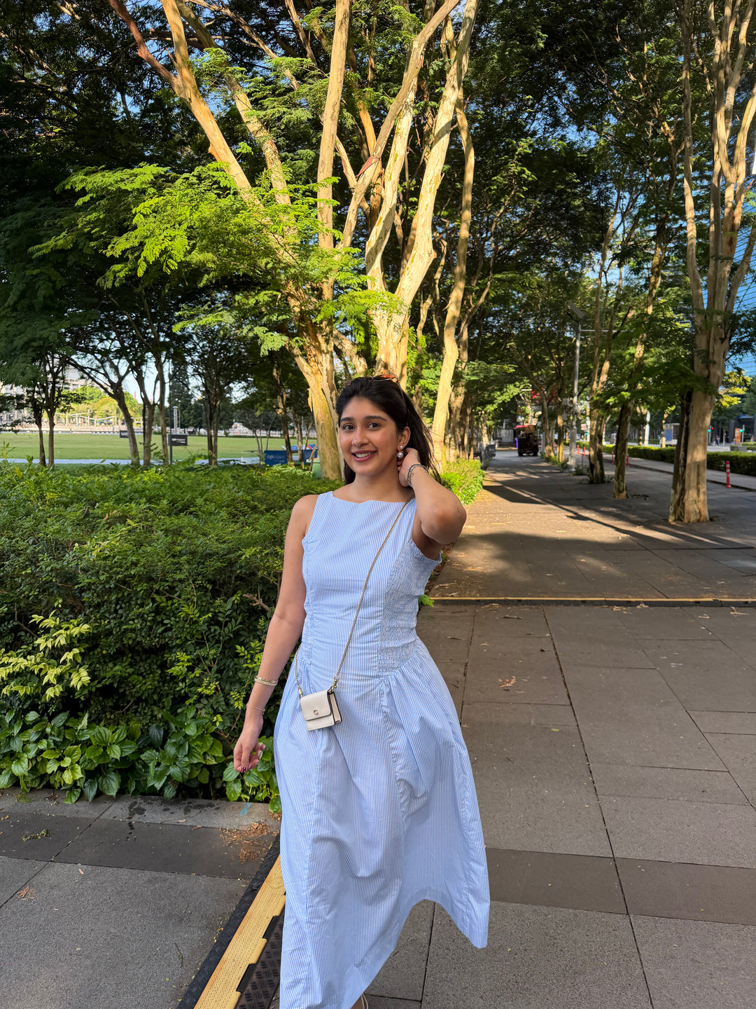 Vidushi in Sky Stripe Shirred Panel Maxi Dress