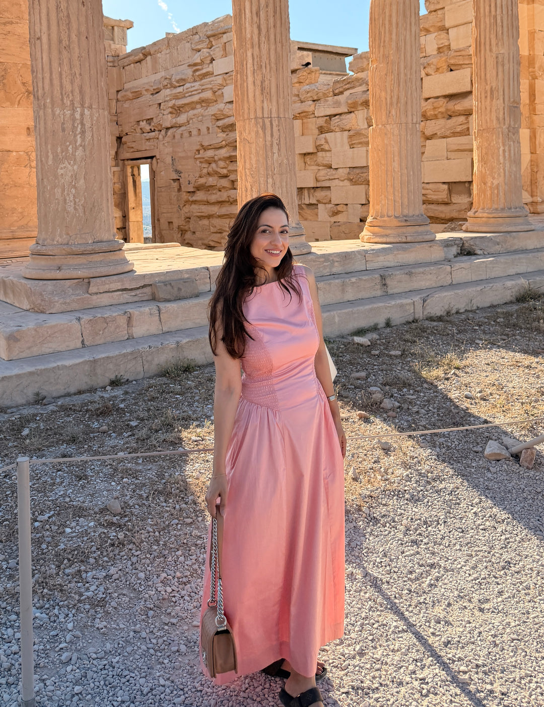 Vriti in Blush Shirred Panel Maxi Dress