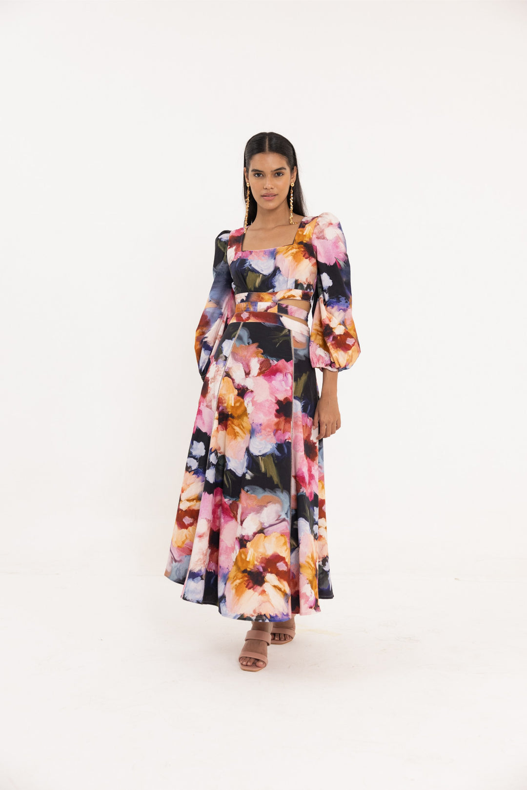 "Elara Long Dress by Thr3letter featuring bold, colorful patterns and sustainable organic cotton."