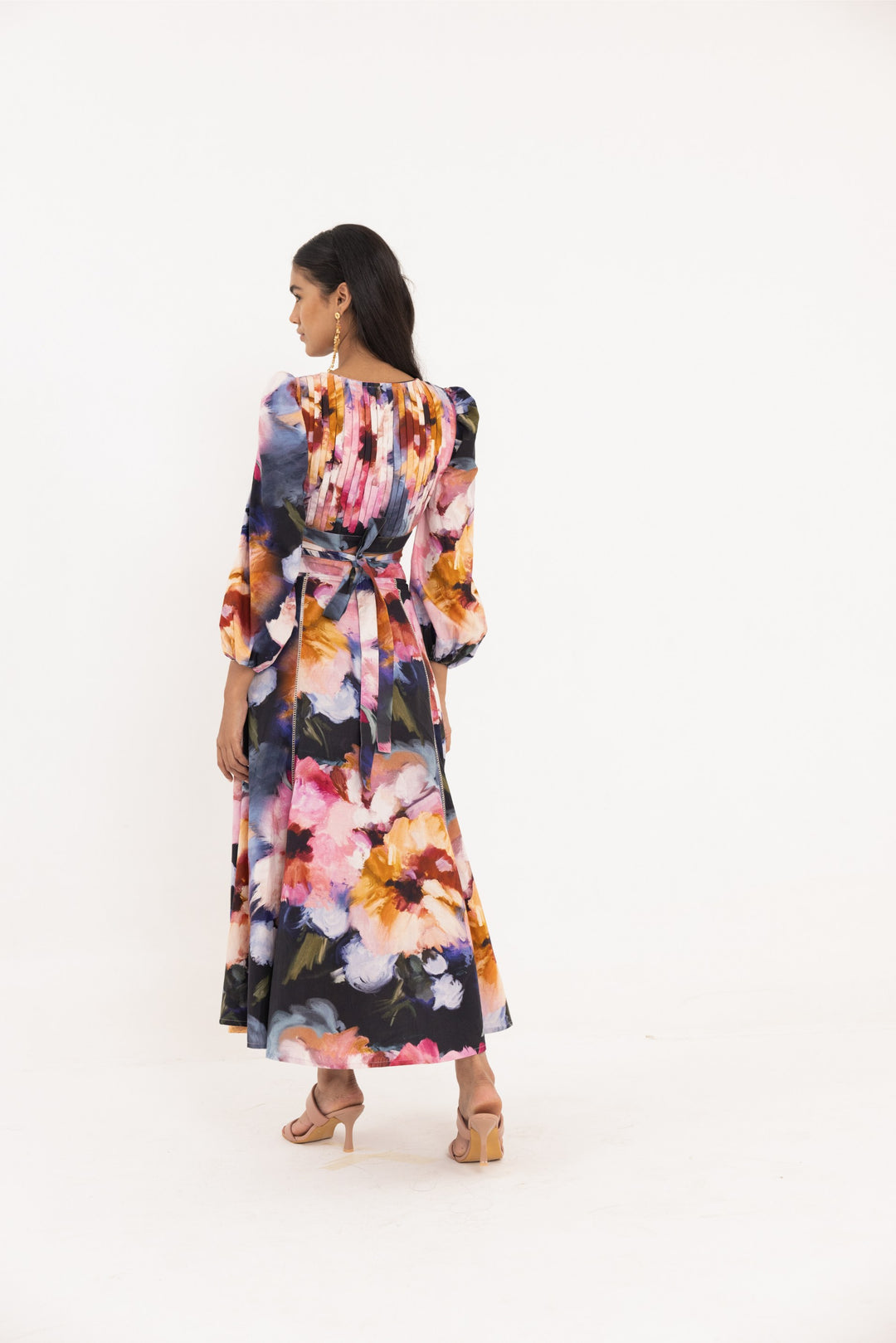 Vibrant floral Elara Long Dress by Thr3letter, designed with eco-conscious organic materials.