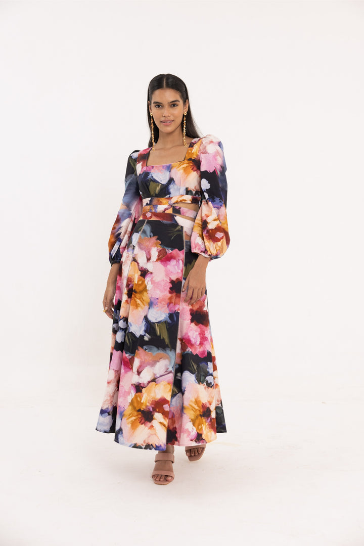 Thr3letter Elara Long Dress with vibrant floral prints, crafted from 100% Organic Cotton Poplin."