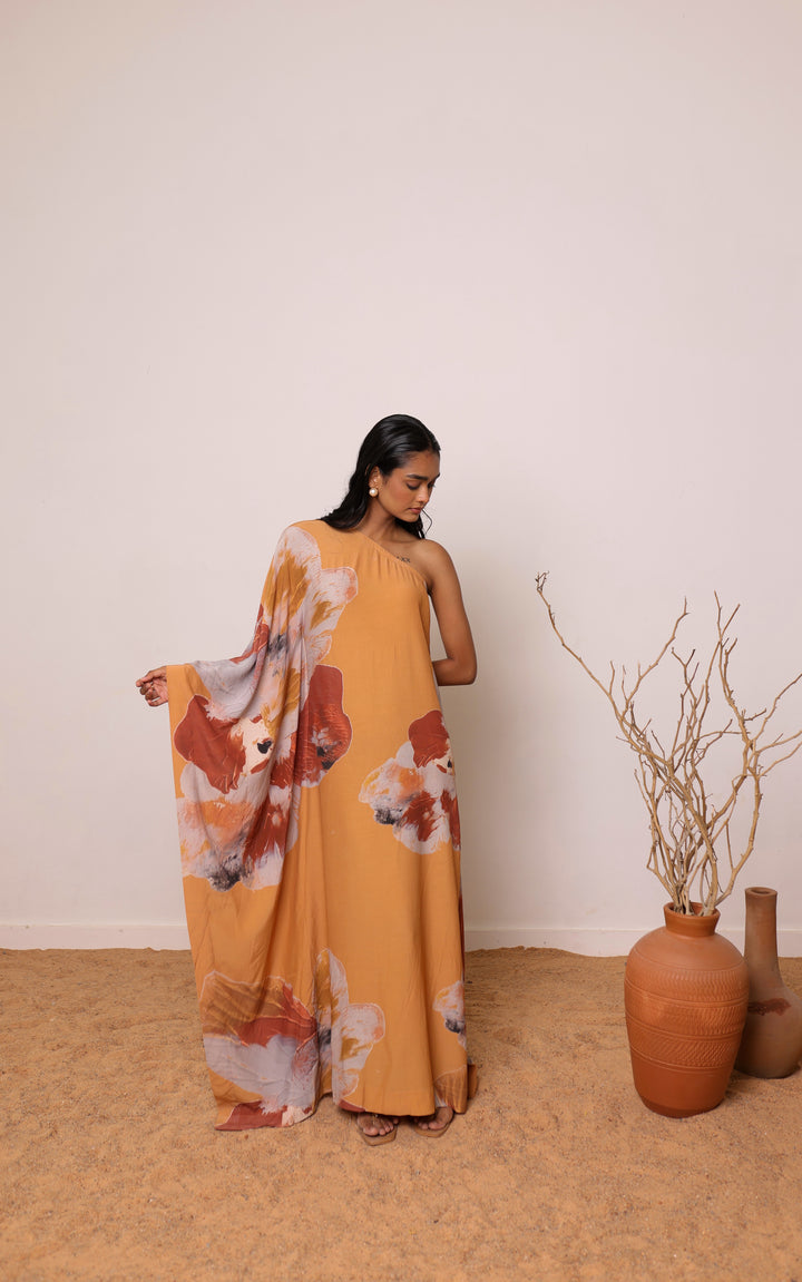 Thr3letter Lumiere Kaftan Dress: Flowing silk-crep blend in soft light, elegant drape and movement captured beautifully.