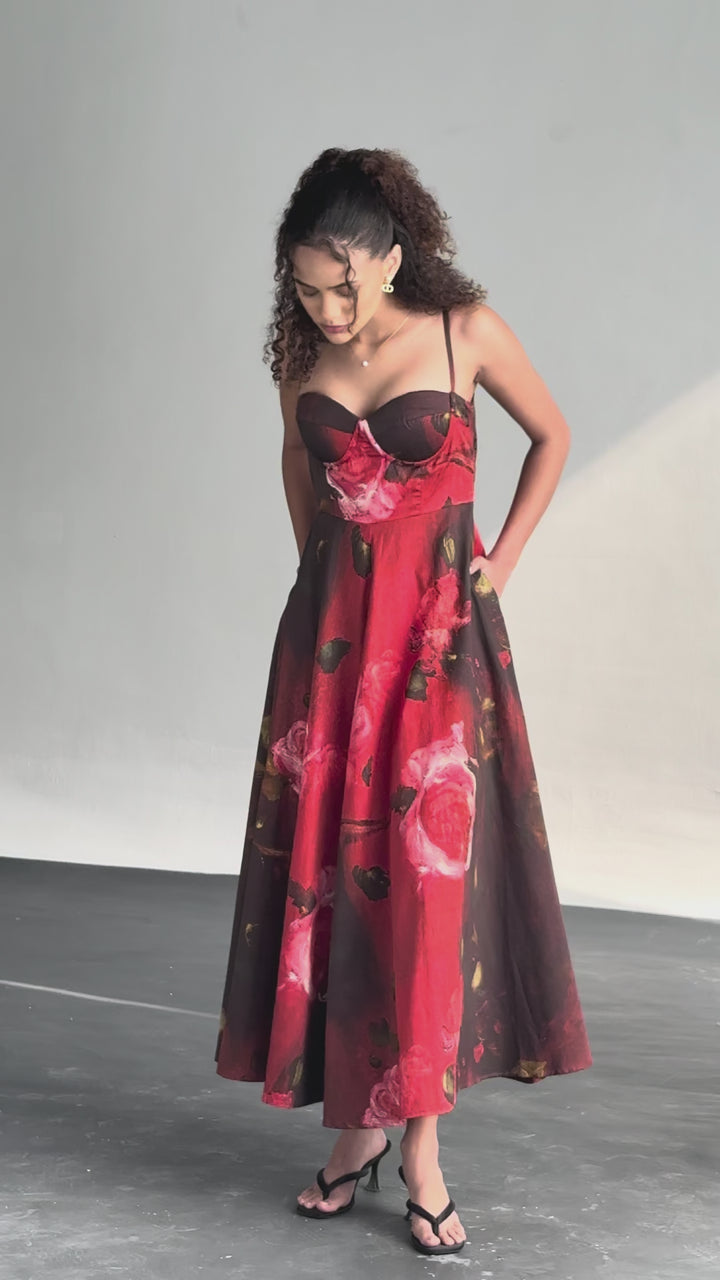 CRIMSON PETALS PADDED DRESS