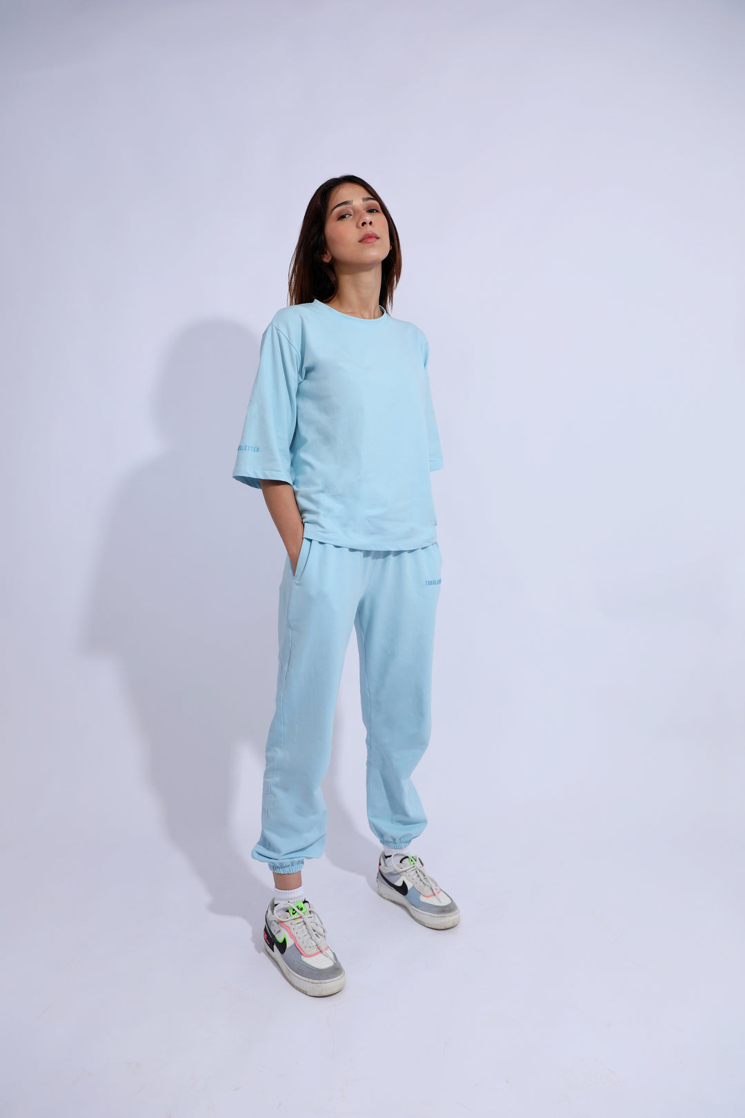 Thr3letter (blue) Co-ord set  premium clothing Front 