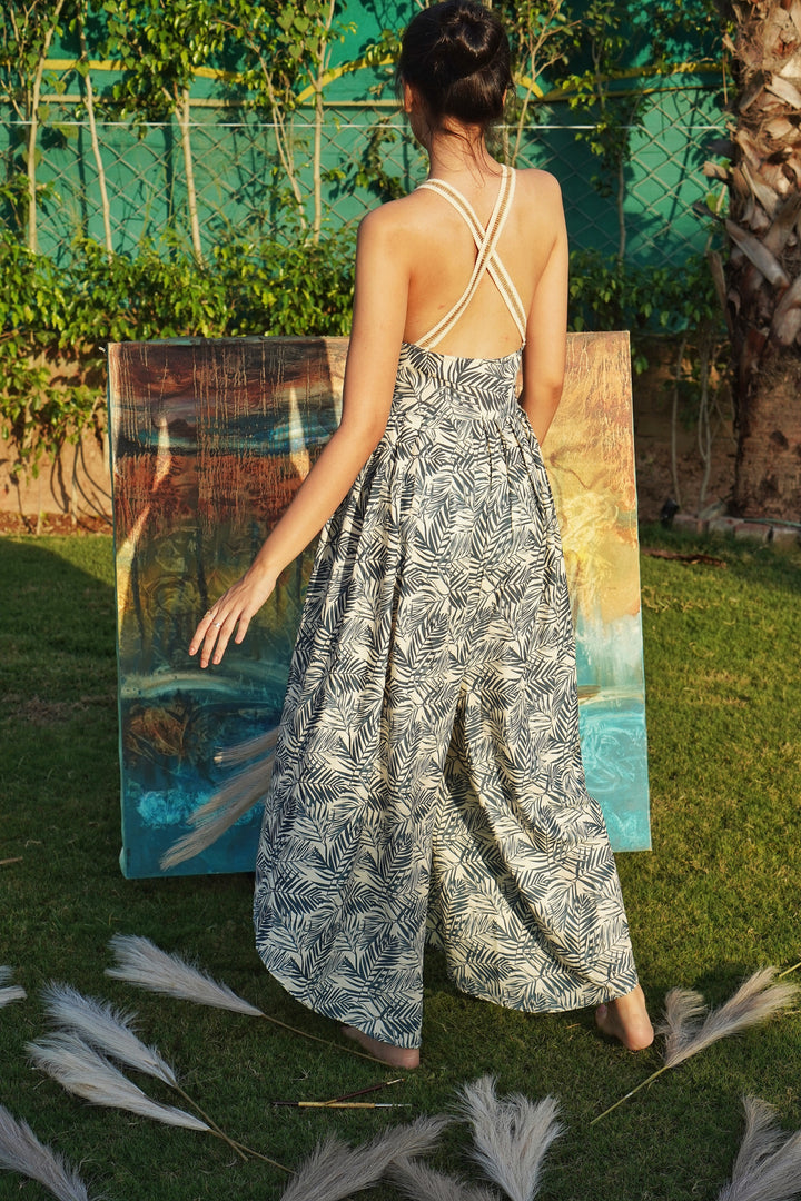 Garden party bohemian jumpsuit by thr3letter with sweetheart neckline and tropical print