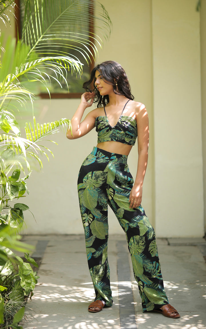 Premium comfort Seher Pants by thr3letter: 50% rayon, 50% cotton blend showcasing lush green palm and monstera print